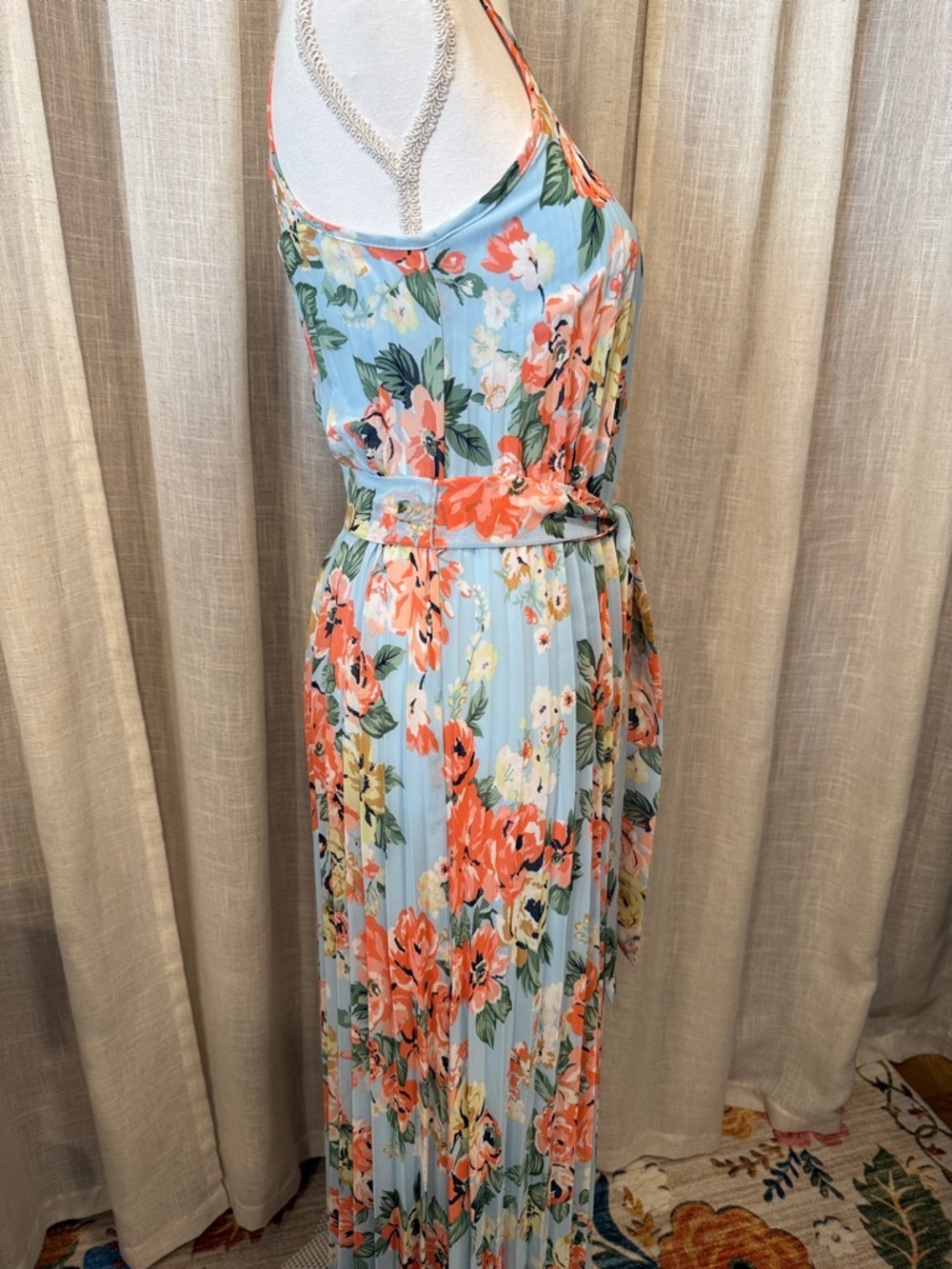 B Darlin Light Blue Floral Halter Maxi Dress with Coral & Yellow Blooms - Picture 5 of 13